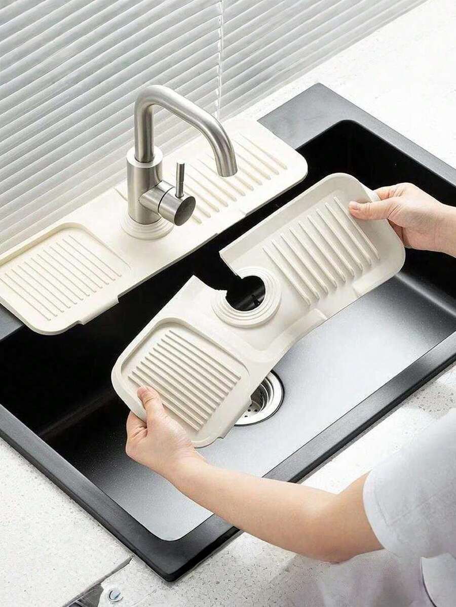 硅胶水龙头防溅罩 - 硅胶水龙头把手滴水盘、洗洁精分配器、水龙头后部海绵垫、厨房水槽配件、防溅垫、可裁剪窄边,适用于浴室水槽、厨房水槽和碗碟架 - 多色 - 查看 1