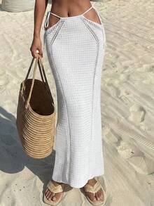 Women's Sexy Lace-Up Hollow Out Design Fitted Long Cover-Up, New Summer 2026 European And American Style - White - View 4