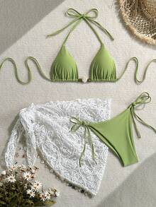 两件装椰树热带印花波西米亚风优雅休闲性感露背抹胸比基尼，适合海滩、约会之夜、度假、生日派对、夏季挂脖式女士比基尼套装，带编织泳衣 - 橄欖綠 - 查看 3