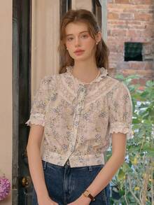 Simple Retro Áo sơ mi nữ đơn giản phong cách retro mùa xuân/hè, phối ren, màu tương phản, cổ đứng nhỏ, in họa tiết tie-dye, màu trắng, lãng mạn, thanh lịch, cổ điển, tay ngắn, kiểu dáng thường ngày. - trắng - Xem 3