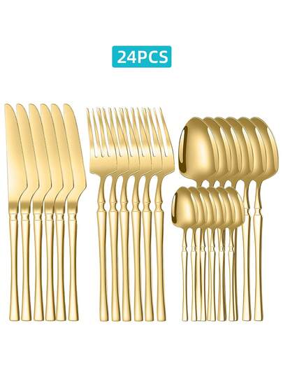 Elegante juego de cubiertos de 24 piezas de acero inoxidable - Incluye cuchillos de filete, tenedores y cucharas de cena - Perfecto para reuniones familiares, fiestas festivas, bodas - Regalo ideal, juego de cubertería occidental de acero inoxidable resistente, accesorios de vajilla