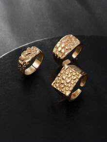 3件套复古摇滚嘻哈风方形纹理金属宽戒圈套装，朋克设计，适合街头风、度假、派对、婚礼、日常佩戴，男女皆宜的礼物 - 戒指 - 查看 6