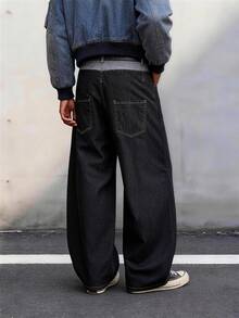 1件男士复古个性双腰设计宽松阔腿牛仔裤，街头风哥特式宽松阔腿牛仔裤（不含腰带和配饰） - 黑色 - 查看 2