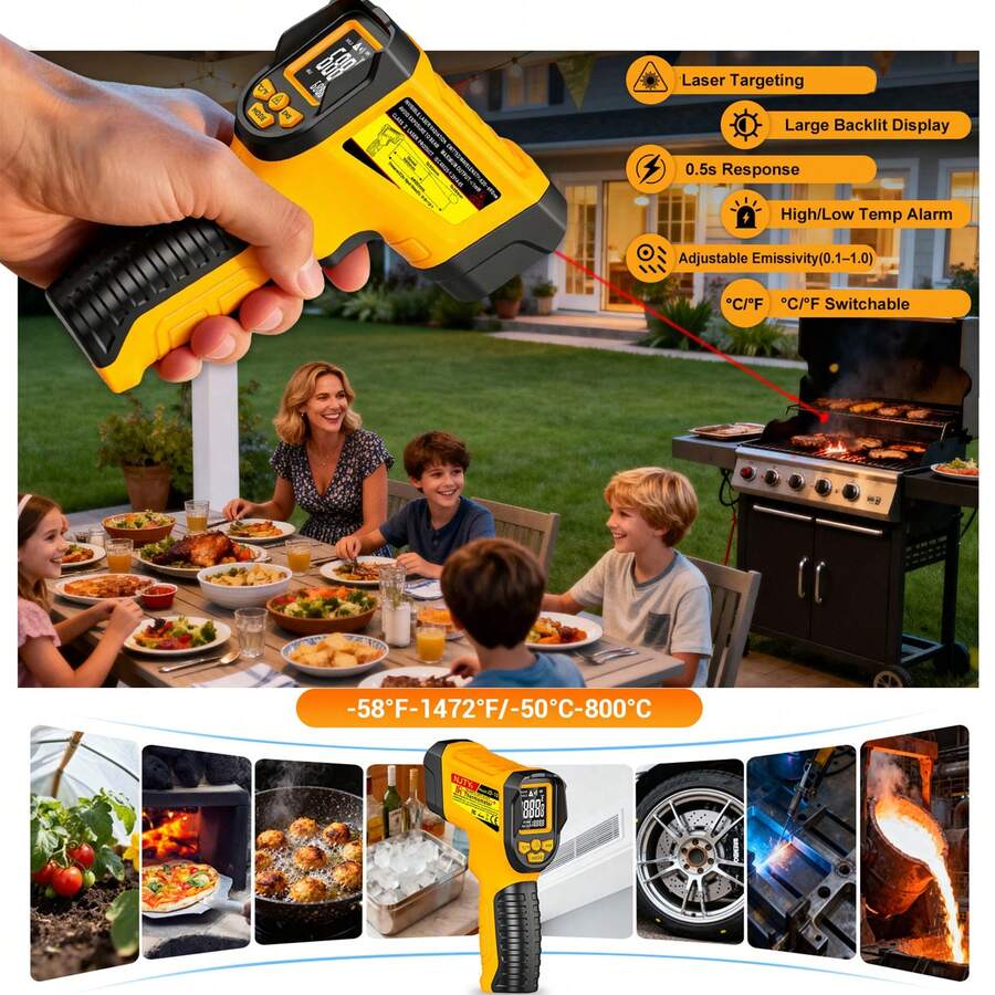 NJTY JD-10 Handheld Digital Infrared Thermometer, Non-Contact Laser Temperature Gun, -50°C To 800°C Industrial Temperature Tester, High Temperature Meter, ABS Material, Digital Display, Battery Powered, 0.1°C Accuracy, Batteries Not Included - Multicolor - View 1