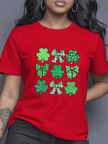 1pcs Four-Leaf Clover And Bowknot Combination Pattern, The Four-Leaf Clover Uses Green Textures Such As Stripes, Plaid, And Floral, And The Bowknot Matches The Corresponding Texture Design Suitable For Spring And Summer Casual Clothing, Women's T-Shirts, Seasonal Clothing, Artistic Design, Soft Material, Lightweight Shirt, Spring And Summer Fashion, Comfortable Fabric, Printed T-Shirt 180gLadies Relaxed Fit Short Sleeve Shirt Easy To Match - 紅色 - 查看 6
