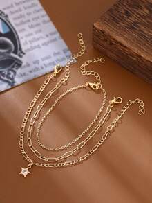 3件套时尚女孩简约多层金色星星立方氧化锆手链套装，礼品装（无礼盒）（链环数量随机） - 金色 - 查看 4