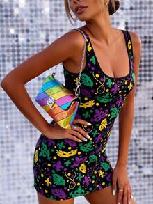 LOVE JOYY 女士修身吊带裙，时尚优雅，饰有嘉年华面具和鸢尾花图案，适合假日度假、聚会、郊游和派对。 - 彩色 - 查看 7