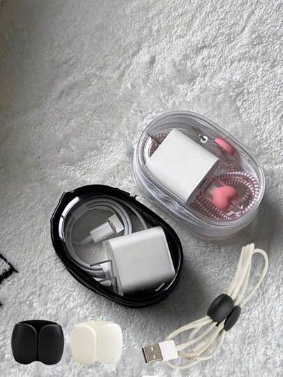 4-Piece Set Of Portable Transparent Zippered Storage Bags, Data Cable Organizer Bags, PVC Charging Cable Storage Bags, Multi-Functional Earphone And Charger Storage Cases, Random Color Wire Organizer Clips, Decorative Earphone/Charging Cable Winder, Multi-Functional Cable Organizer, Coin Purse, Luggage Accessories, Keychain – Essential For Home, Office, And Travel.