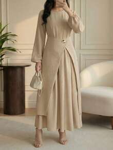 女士春季优雅圆领插肩袖收腰长连衣裙，适合通勤和休闲外出 - 淺卡其 - 查看 4