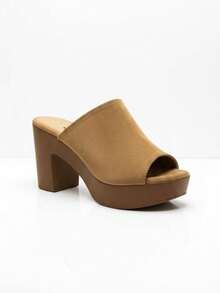Women Wood Grain Platform Slippers Wedges, Open Toe Casual Slide Sandals, Fashionable Mule Heeled Shoes - Unta - View 4