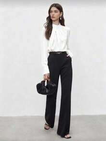 Long-Sleeved Top With A High Neck, Asymmetrical Design, Decorative Gathers, Loose Fit, Basic, Minimalist, Elegant, Chic, Casual Office Wear, Suitable For Teachers, Office, Weddings, Concerts. No Pleating. - 白色 - 查看 4