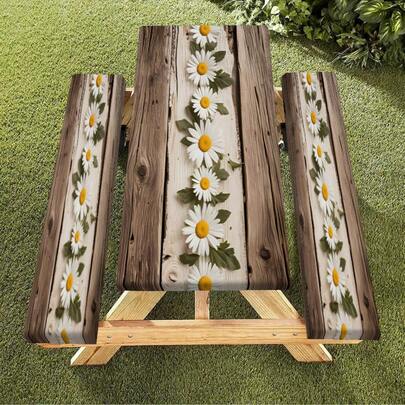 3pcs Spring Picnic Essentials! Vintage Wood Grain Daisy Elastic Tablecloth Set - Durable Polyester Elastic Edge Rectangular Outdoor Tablecloth Set, Suitable For Indoor, Patio, Camping, Party, Kitchen, With Elastic Hem Camping Decor Tablecloth