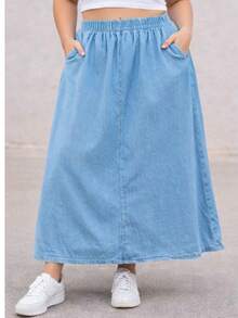 Lightweight Denim Skirt With Elastic Waistband And Pockets - Summer - Rửa nhẹ - Xem 10
