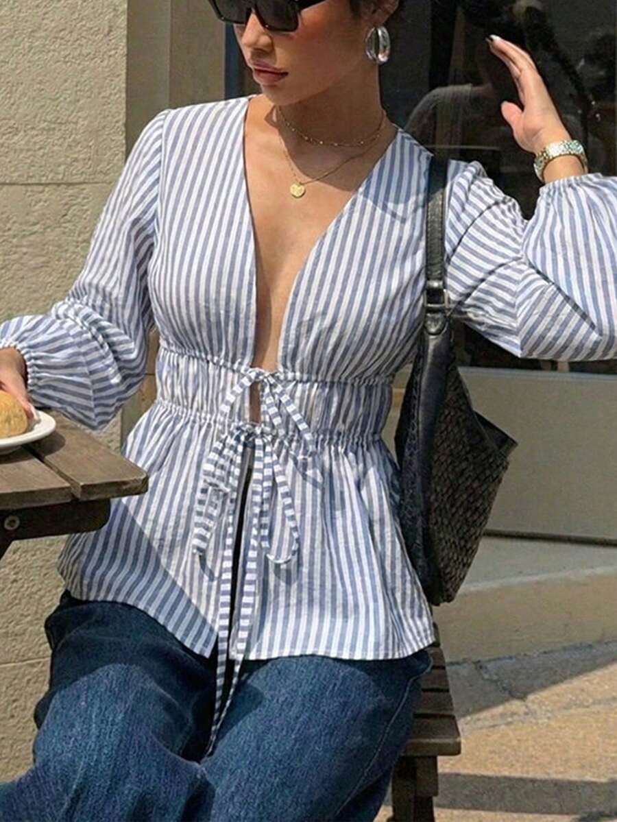Ins-Fashion Striped Tie-Front Open-Front Shirt For Women - Contrast Cuffed Sleeve, Minimalist Stylish Office Casual Spring Top,Vacation Outfits Women,Blusas Bonitas De Mujer - 藍色 - 查看 1