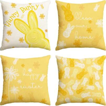 4PCS Happy Easter Little Bunny Yellow Cushion Cover Set Blessing Our Home Floral Cushion Covers Sofa Decoration Set, Single-Sided, Pillow Insert Not Included