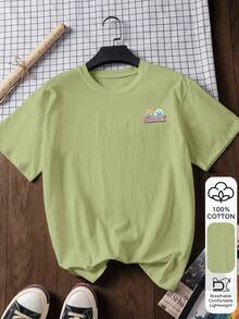 夏季女士休闲短袖上衣，100%纯棉材质，印有度假标语和棕榈树图案，面料柔软舒适，适合户外穿着，图案印花，夏季T恤，女士T恤，上衣，夏季衬衫，度假装扮，旅行风格，海滩风情，简约假日服饰 - 淺綠色 - 查看 4