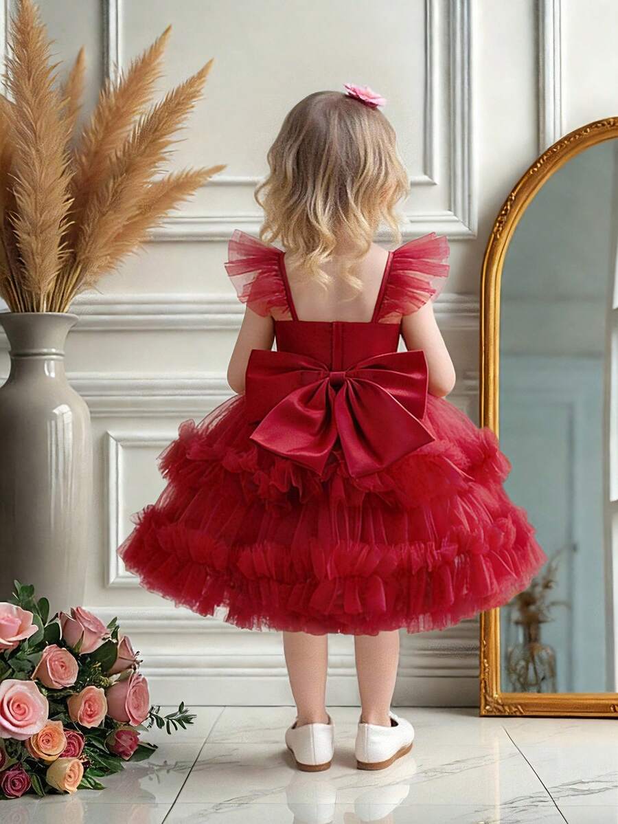 Váy cưới lưới xếp nếp cổ chữ V cho bé gái, thích hợp cho tiệc sinh nhật, không bao gồm băng đô - Màu Đỏ Sâu - Xem 1