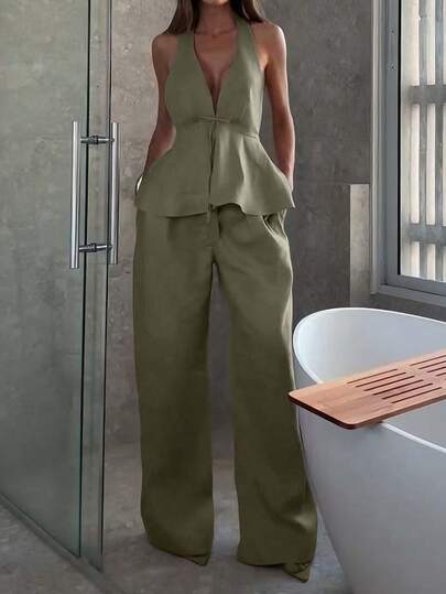 Conjunto de top de algodón y lino con atar en el cuello en forma de A y pantalones rectos holgados para mujer, uso casual diario y vacacional, primavera/verano