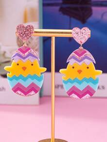 1对时尚复活节亚克力耳环，心形、裂蛋、小鸡设计，印花图案，节日礼物首饰 - 蛋 - 查看 2