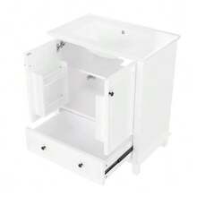 Freestanding Bathroom Vanity Unit 76 X 46 X 87 Cm With Integrated Basin, Solid Wood Legs, Fully Lacquered, Moisture And Water Resistant, Ample Storage Space, Integrated Ceramic Basin, White - White - View 7