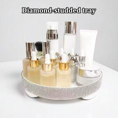 奢华水晶水钻圆形托盘，水钻装饰桌面收纳托盘，珠宝展示托盘，创意展示盘，可用于收纳珠宝、钥匙、美甲用品和摄影作品，客厅装饰，收纳整理，奢华浴室梳妆台收纳托盘，浴室洗手池收纳托盘，送给女性、圣诞节、女友的理想礼物，家居装饰