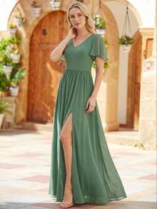 EVERPRETTY Elegant Romantic Chiffon Lace Embroidery Backless Ruffle Hem Olive Green Bridesmaid Dress, Spring Wedding Guest Dress, Valentine's Day - Olive Green - View 2