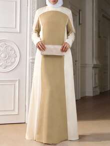 春季新款斋月休闲长裙，米色和浅棕色拼接圆领，优雅大方，适合日常出行和轻度社交场合。 - 彩色 - 查看 6