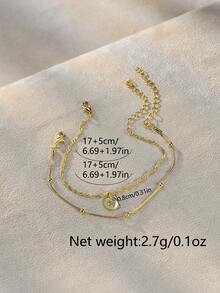 2pcs/Set Fashionable Minimalist Multi-Layer Stacking Gold Wavy Chain Oval Cubic Zirconia Copper Pendant Bracelet, Girl Accessories (Random Bead Quantity) - Gold - View 5