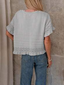 Women's Sweet Crochet Top, Short Sleeve Round Neck Sweater With Cute Ruffle Hem For Spring Summer - Xám - Xem 2