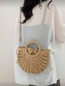 1pc Half-Moon Hollow Out Handbag, Fashionable Beach Vacation Straw Woven Bag,Vacation Bag For Summer, Perfect For Beach Vacation, Travel, Shopping, And Vacation Essentials, Eye-Catching Beach Bag Summer, Summer Straw Beach Bag For Women, Hottest Beach Bags For Women, Fashion Summer Vacation Bag, Beach Essentials Women Bags For Vacation & Holiday, Newest Holiday Bag ,Vacation Essentials , Beach Bag - 卡其色 - 查看 5