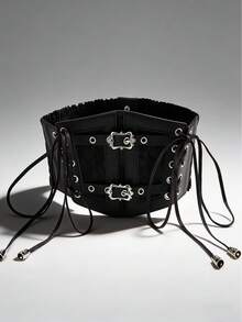 1件女士欧美风宽腰带，韩版复古时尚弹力束腰带连衣裙配饰 - 黑色針扣款 - 查看 6