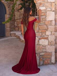ADYCE Elegant Ruffle Waist Slit Thigh High Slit Off-Shoulder Formal Maxi Dress, Suitable For Prom, Birthday Party, Formal Dinner, Date, Homecoming, Wedding Guest, Formal Gala, Family Gathering - Burgundy - View 2