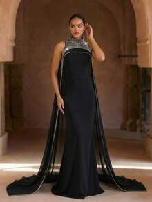 奢华黑色高领无袖连衣裙，端庄优雅，阿拉伯风格女装，女士正式礼服 - 黑色 - 查看 8