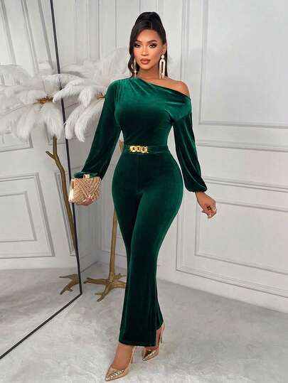 AIJ Amarilo Deep Green Long Sleeve Ruched Waist Chain Metal Buckle Fitted Flare Pants Velvet Jumpsuit, Casual Elegant, Suitable For Christmas, New Year And Autumn/Winter Women's Wear Spring