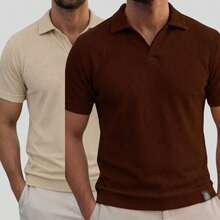 Kit Of 2 Italian Textured Polo Shirts Without Buttons, Slim Sleeves. - Beige and Brown - View 8