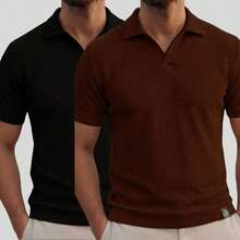Kit Of 2 Italian Textured Polo Shirts Without Buttons, Slim Sleeves. - Black and Brown - View 7