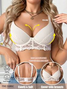 女士性感蕾丝文胸，深V舒适露背全罩杯钢圈聚拢文胸，蕾丝小胸提拉防下垂文胸，杏色 - 白色 - 查看 12