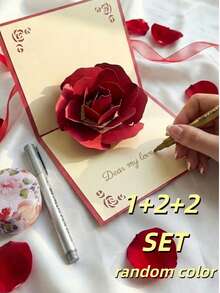 1张3D玫瑰贺卡，情人节礼物 - 浪漫手工周年纪念卡，送给妻子、女友、她 - “我爱你”生日卡，附信封 - 彩色 - 查看 12