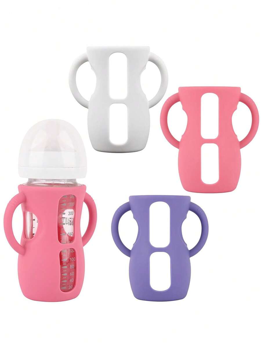 1pc Silicone Bottle Cover Sleeve Fits 240ml Natural Glass Baby Bottles, Silicone Grip Handle Anti-Drop - Multicolor - View 1