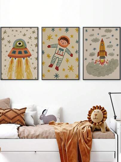 1pc Canvas Wall Art - Baby Room Decor - Rocket Spaceship Space Theme Children's Wall Art, Space Illustration - Framed Nursery Wall Art Perfect For Playroom Decor Nursery Decor, Childcare Room Decor, Kindergarten Decor Boy's Room Decor Girl's Bedroom Decor Children's Room Decor Easter Wall Decor, Nursery Spring Decor, Easter Children's Room Poster, Spring Decor Poster
