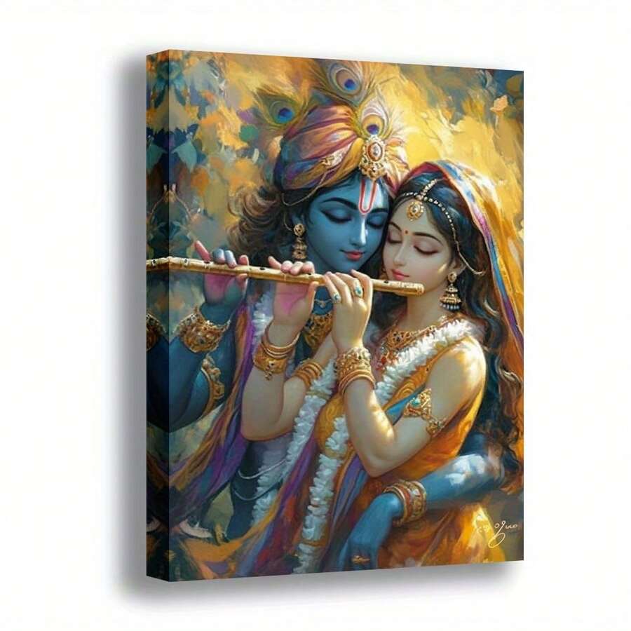 [2D Flat] 1pc Radha Divine Love Painting - Hand-Painted Style Spiritual Art, Traditional & Modern Wrapped Canvas Wall Decor With Hanging Hook, Vibrant & Radha Radhe Artwork Home, Office, Temple - Janmashtami - 1 - View 1
