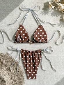 两件套咖啡色波点印花性感优雅比基尼套装，女士休闲泳装，适合约会、派对、夏季、度假、海滩、夜生活等场合。 - 棕色 - 查看 7