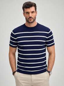 Officeau Men's Short Sleeve Striped Knit Sweater Top Spring To Summer - Navy Blue - View 1