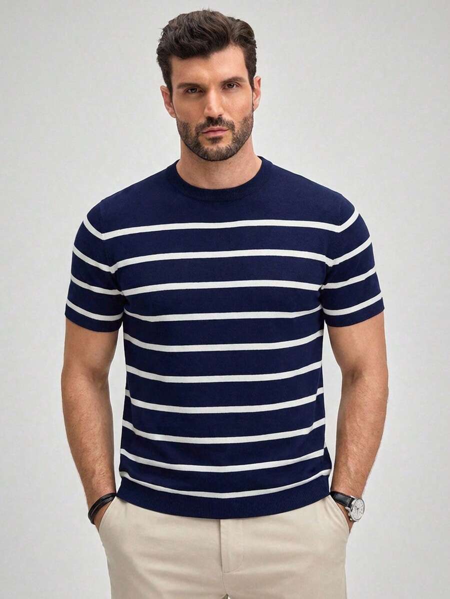 Officeau Men's Short Sleeve Striped Knit Sweater Top Spring To Summer - Navy Blue - View 1