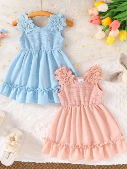 2pcs/Set Baby Girls Casual Elegant Cute Soft Comfortable 3D Floral Decor Lace Ruffle Trim Knit Camisole Princess Dress, Toddler Girls Clothing Suitable For Summer Daily Wear, Vacation, Party, Photography, Outdoor Activities