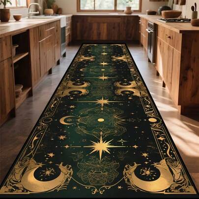 1pc European Luxury Plaid Constellation Design Runner Rug, Soft Carpet For Hallway And Stairs, Elegant Artistic Living Room Sofa Rug, Dreamlike Golden Texture Pattern Corridor Carpet, Rug, Runner Rug, Mat, Home Decor, Area Rug, Living Room Area Rug, Room Decor, Washable Carpet
