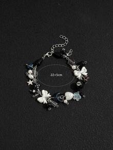 1pc Punk Style Dice, Star, Black Ball Charm Bracelet, Multi-Element Bow, Heart, Moon, Water Drop, Flower Handmade Beaded Bracelet For Women - Silver - View 6