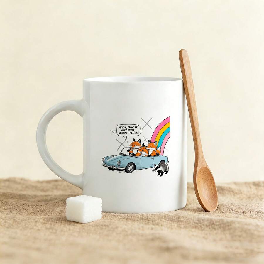 Fox In Car With Rainbow And Squirrel Mug Coffee Tea Cup Gift For Animal Lover Funny Cartoon Design - 白色 - 查看 1