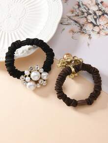 مجموعة من 2 قطعة أربطة شعر نسائية مزينة بالخرز الاصطناعي والراين ستون، أربطة شعر حلزونية عصرية، حاملات ذيل حصان غير ضارة، إكسسوارات شعر متعددة الاستخدامات بتصميم بسيط، أربطة مطاطية للشعر - متعدد الألوان - مشاهدة 3