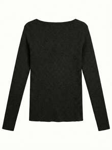 Korean Style Sexy Slim Fit Square Neck Long Sleeve Knit Sweater Top, Autumn/Winter - Black - View 8